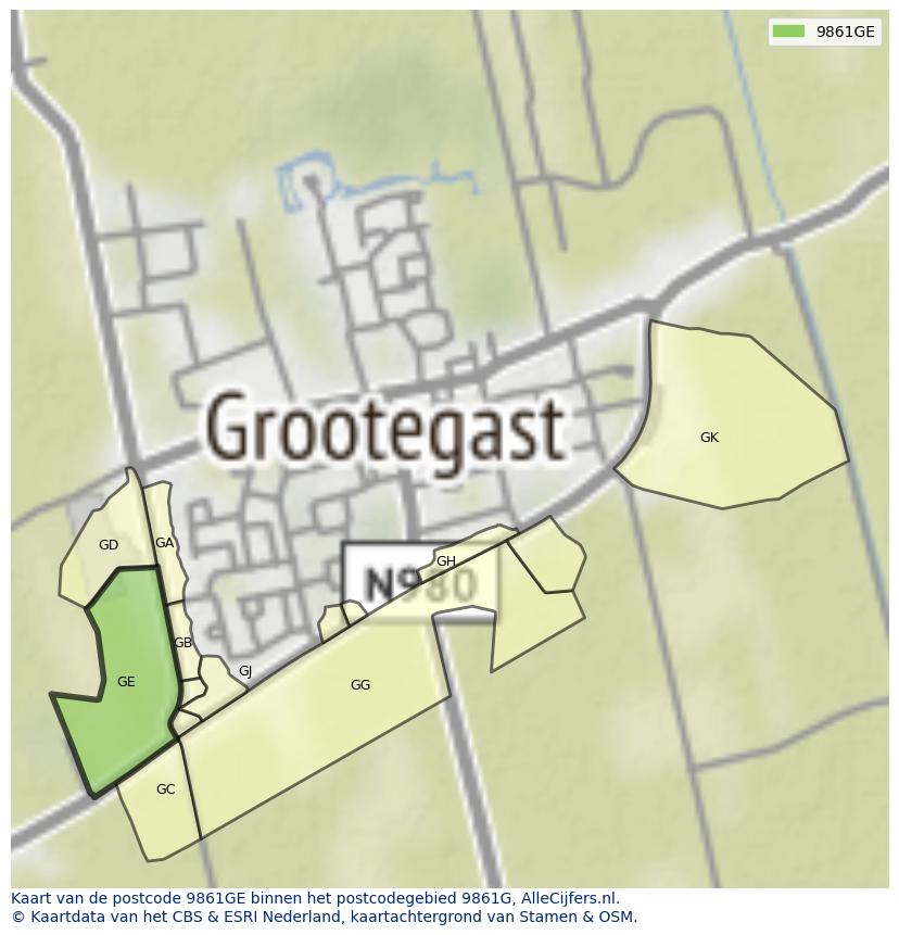 Afbeelding van het postcodegebied 9861 GE op de kaart.