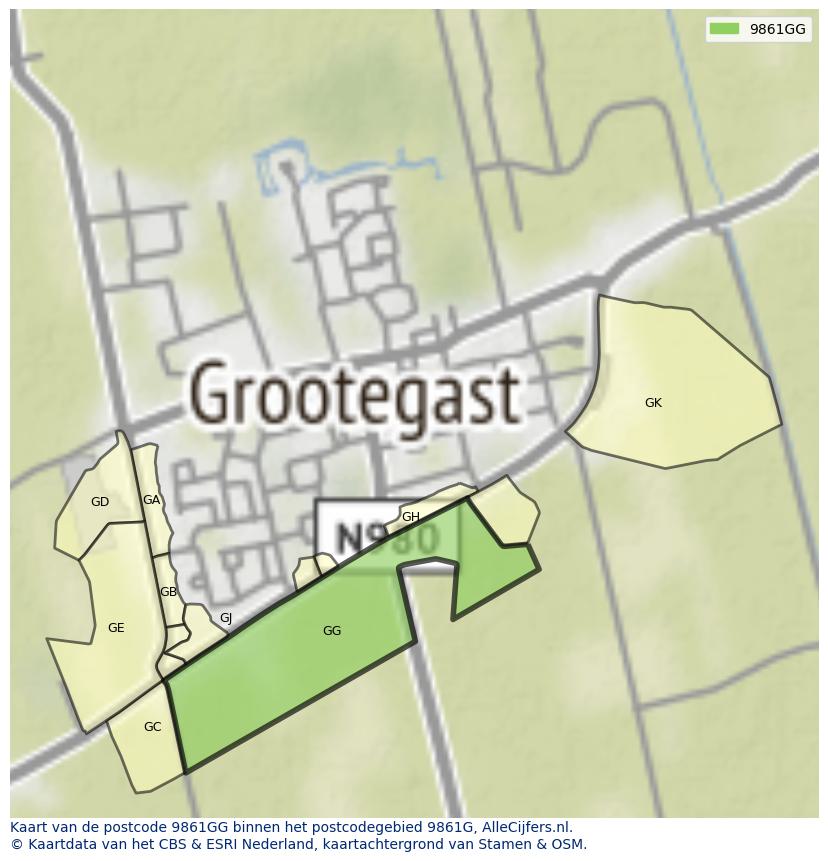 Afbeelding van het postcodegebied 9861 GG op de kaart.