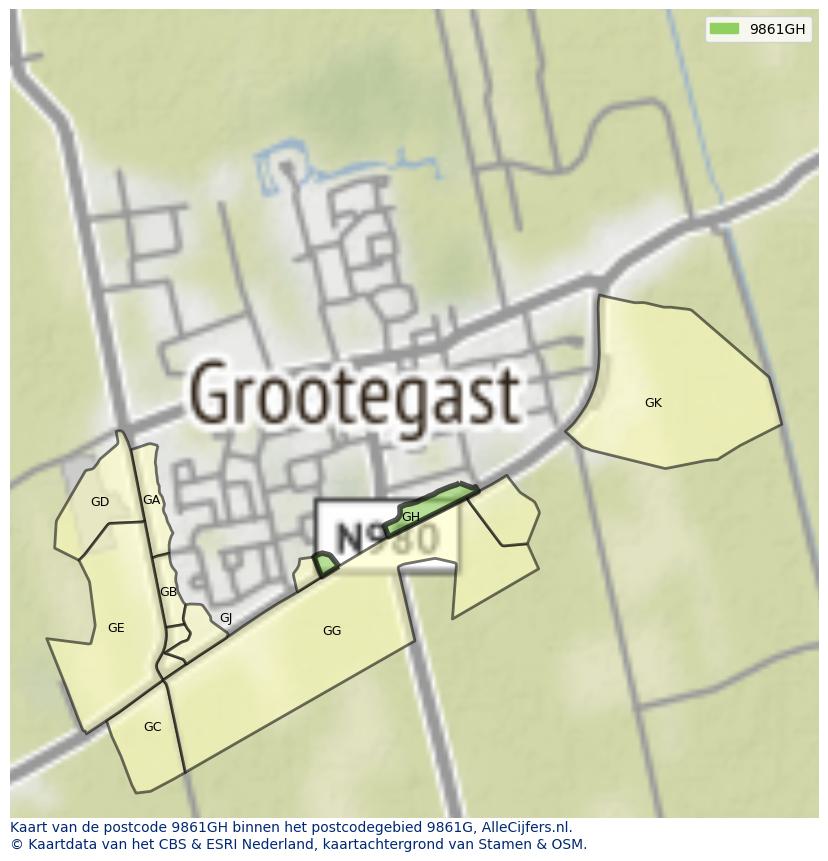 Afbeelding van het postcodegebied 9861 GH op de kaart.