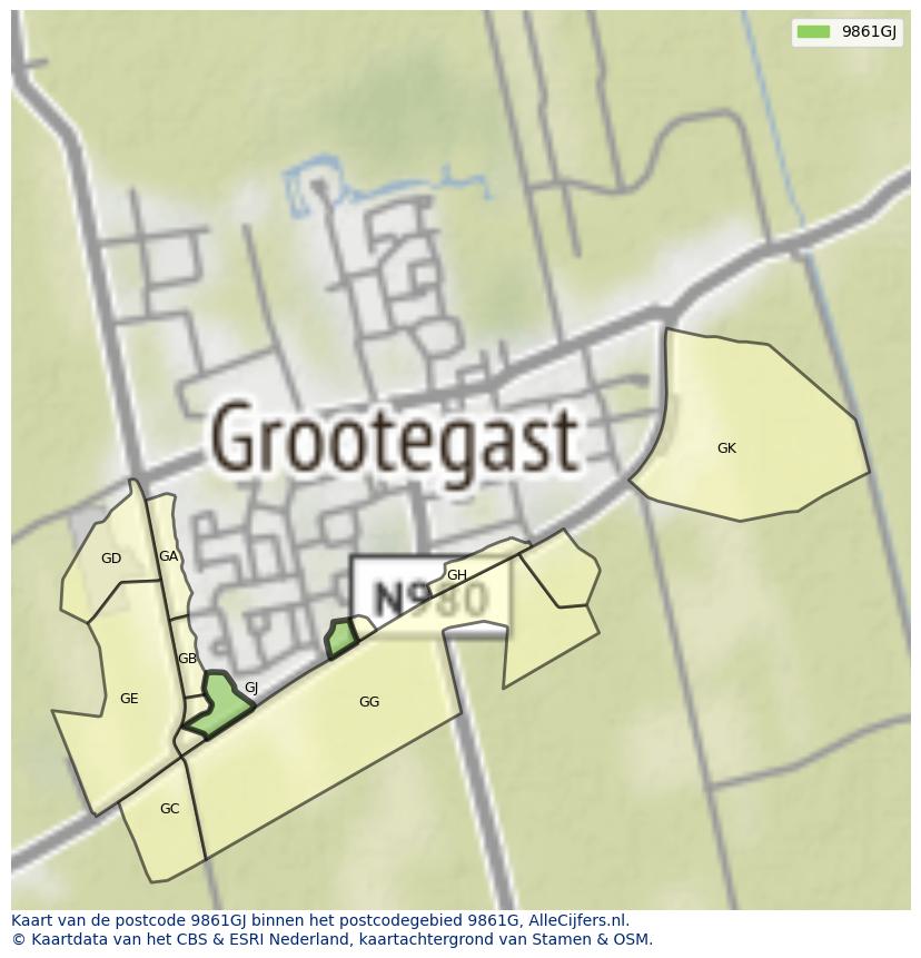 Afbeelding van het postcodegebied 9861 GJ op de kaart.
