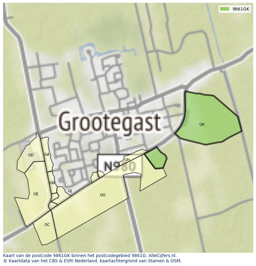 Afbeelding van het postcodegebied 9861 GK op de kaart.
