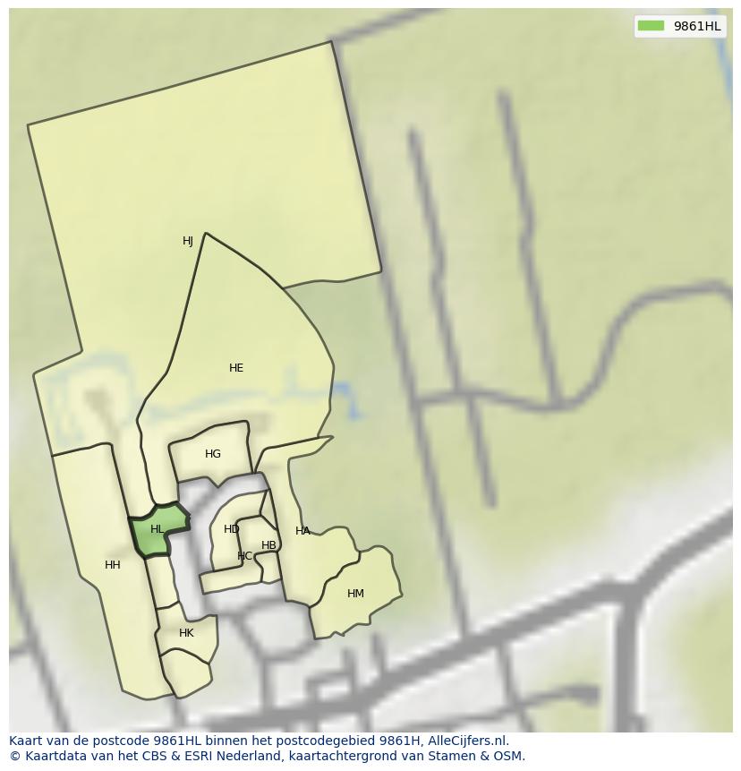 Afbeelding van het postcodegebied 9861 HL op de kaart.