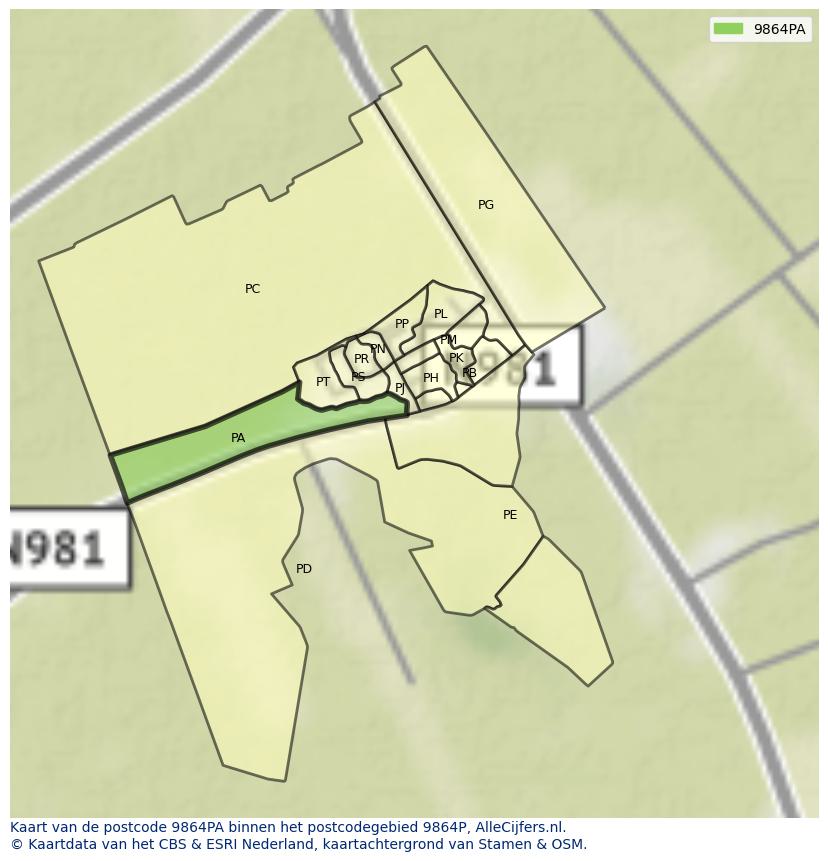 Afbeelding van het postcodegebied 9864 PA op de kaart.