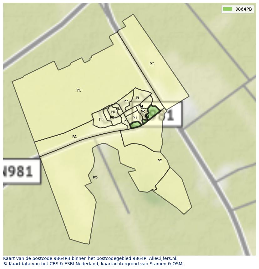 Afbeelding van het postcodegebied 9864 PB op de kaart.