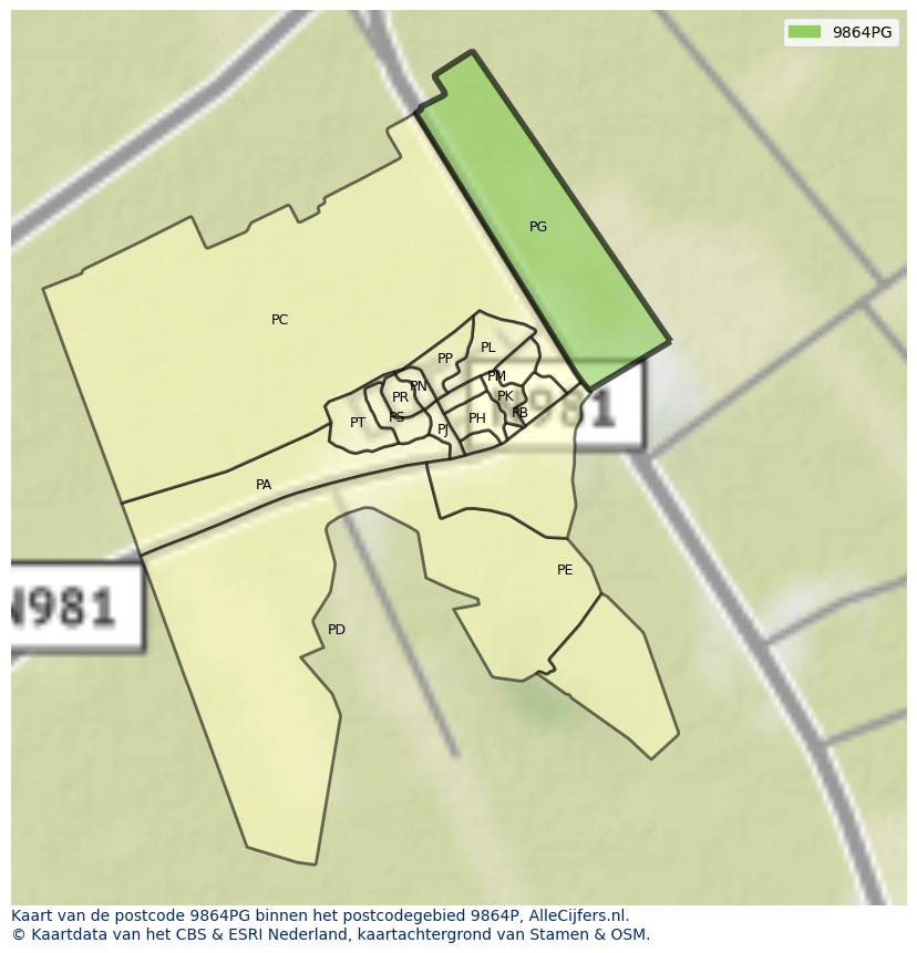 Afbeelding van het postcodegebied 9864 PG op de kaart.