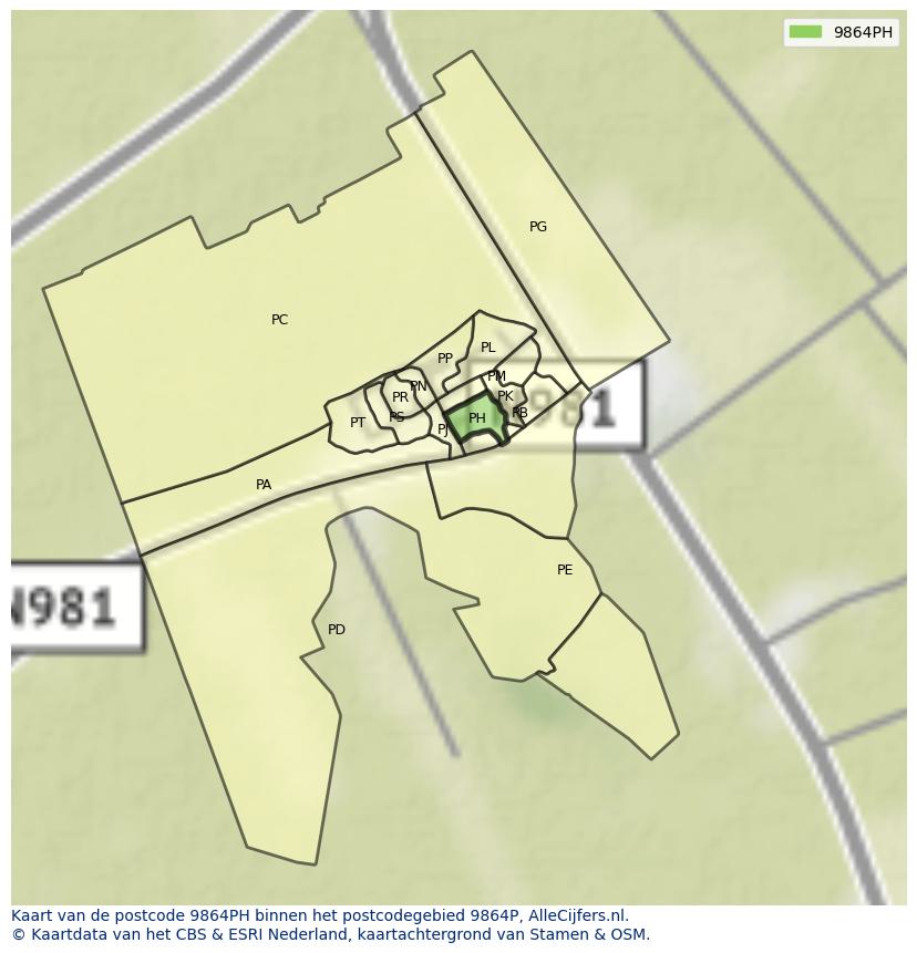 Afbeelding van het postcodegebied 9864 PH op de kaart.