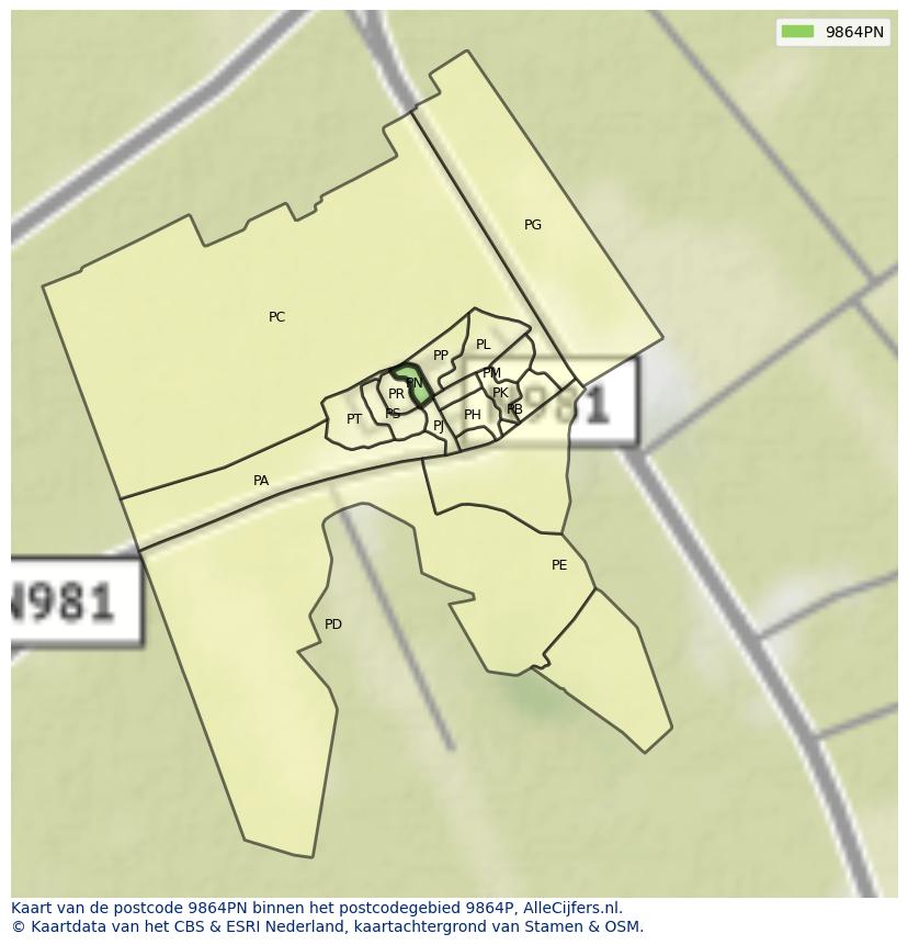 Afbeelding van het postcodegebied 9864 PN op de kaart.
