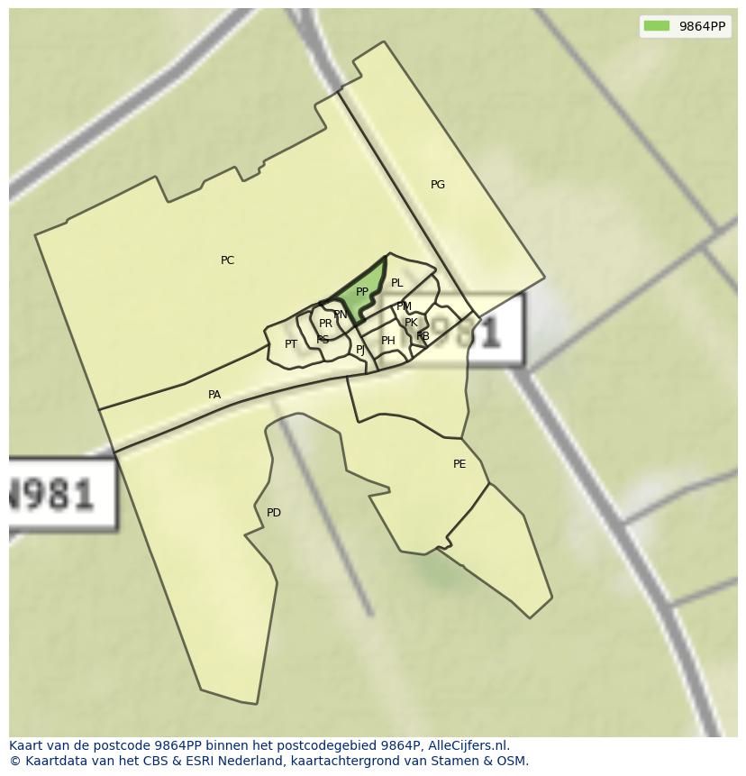 Afbeelding van het postcodegebied 9864 PP op de kaart.