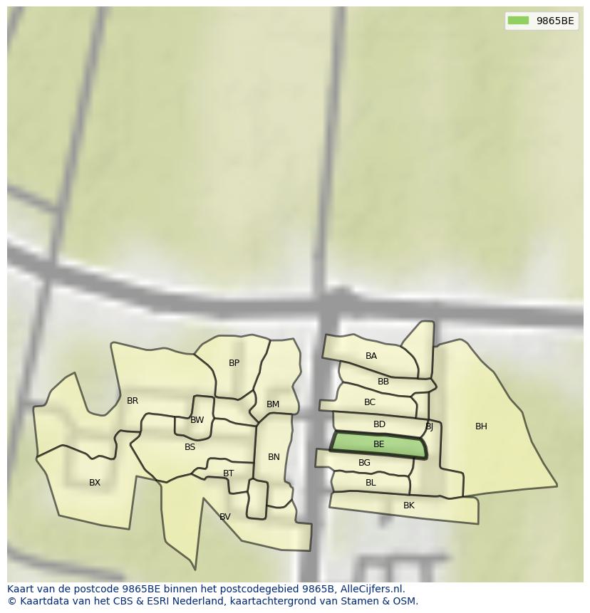 Afbeelding van het postcodegebied 9865 BE op de kaart.