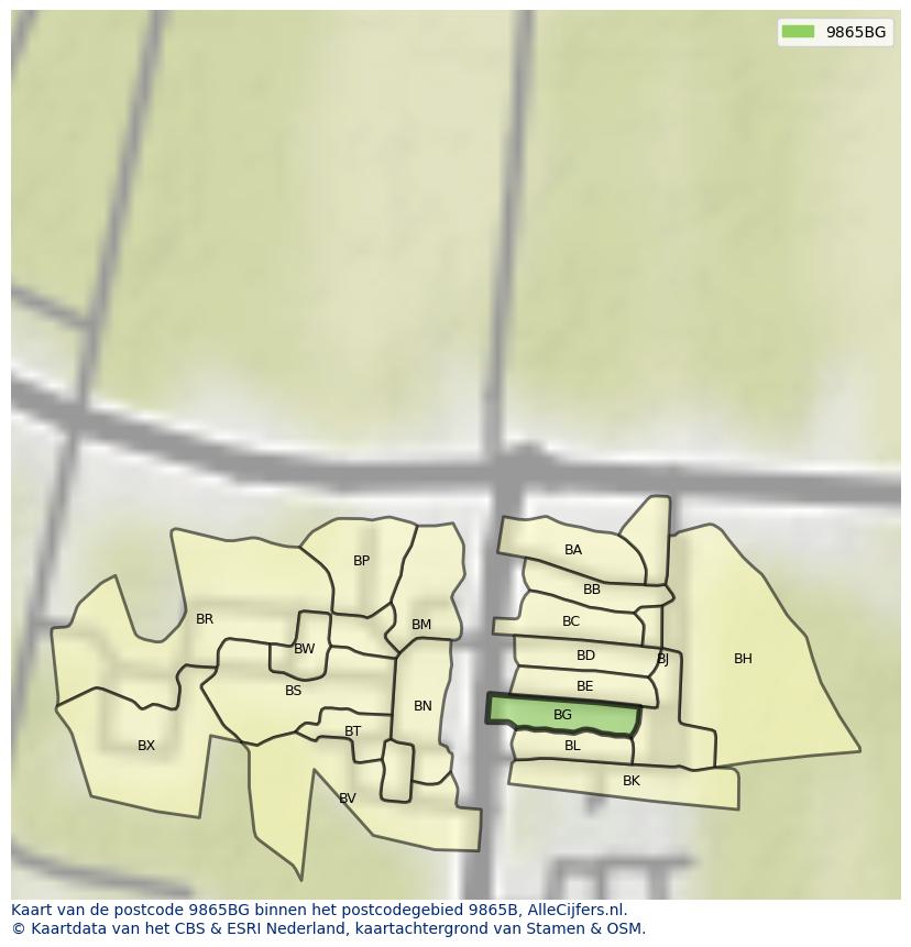 Afbeelding van het postcodegebied 9865 BG op de kaart.