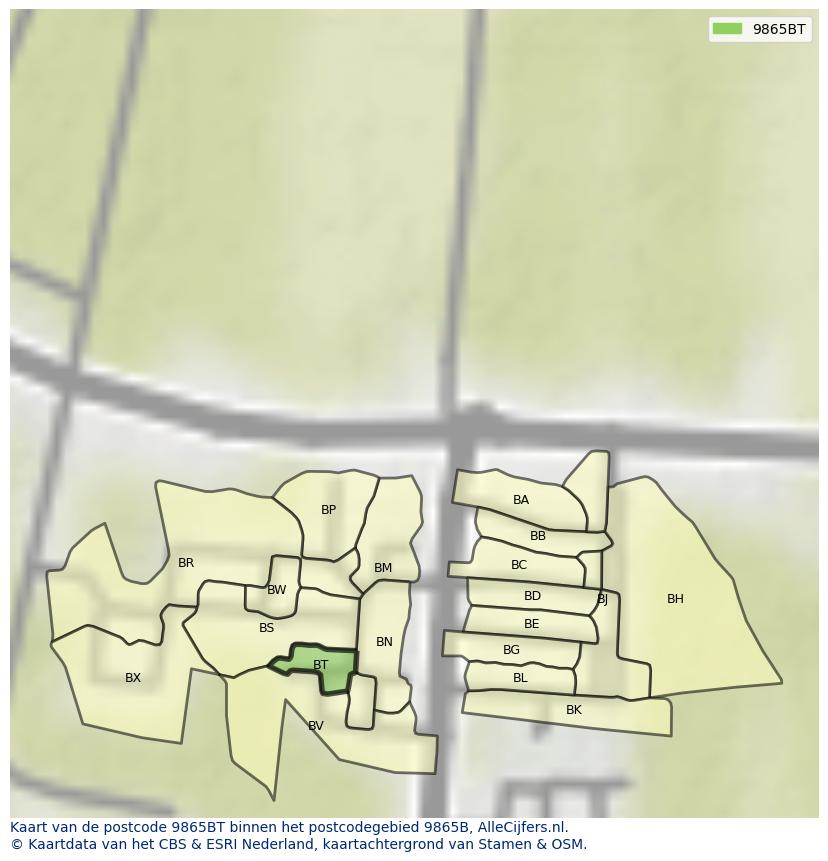 Afbeelding van het postcodegebied 9865 BT op de kaart.