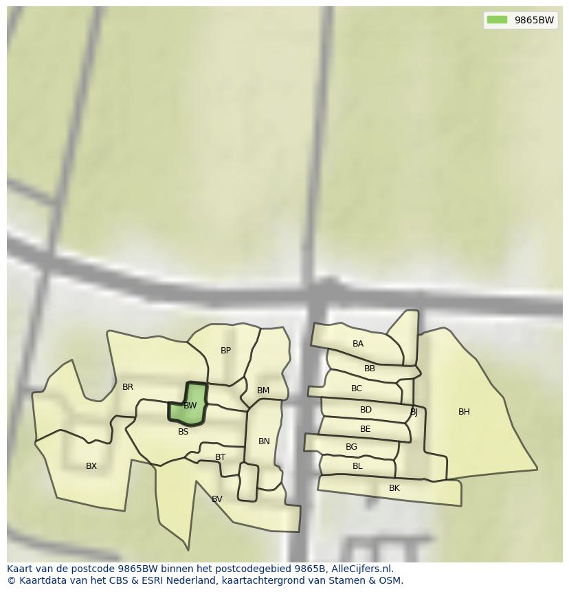 Afbeelding van het postcodegebied 9865 BW op de kaart.