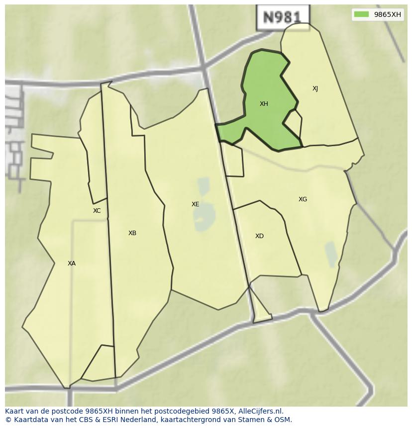Afbeelding van het postcodegebied 9865 XH op de kaart.