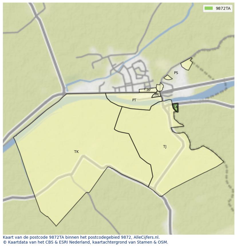 Afbeelding van het postcodegebied 9872 TA op de kaart.