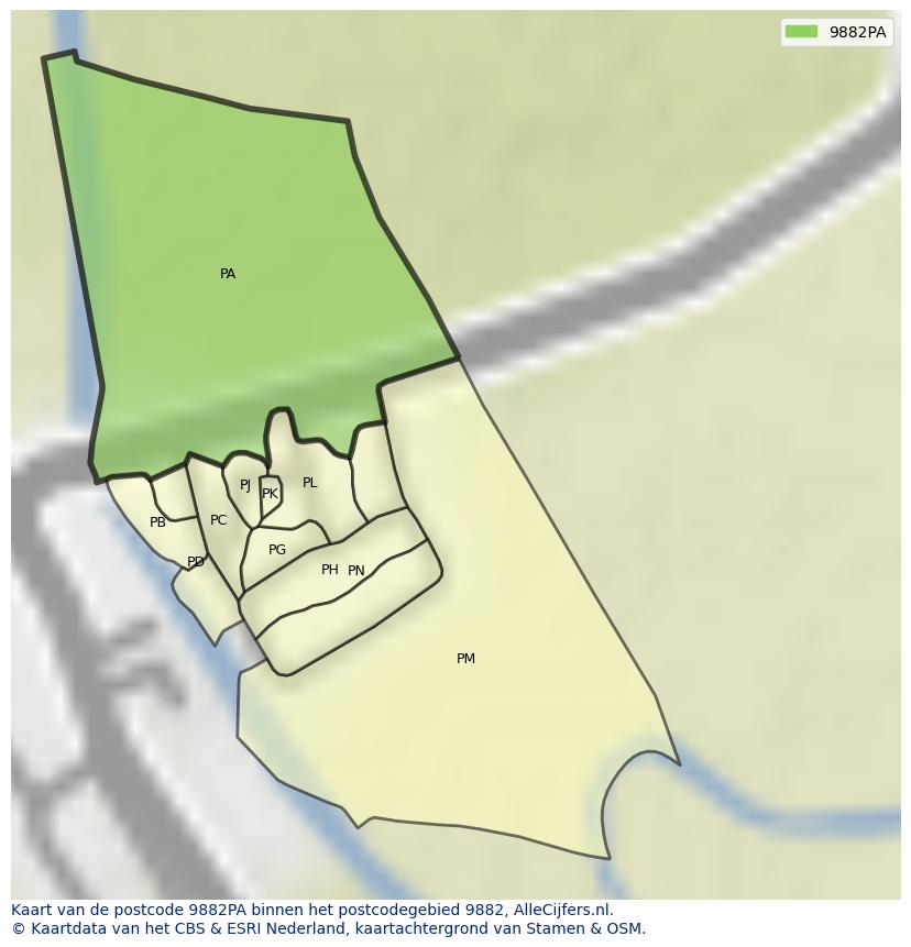Afbeelding van het postcodegebied 9882 PA op de kaart.