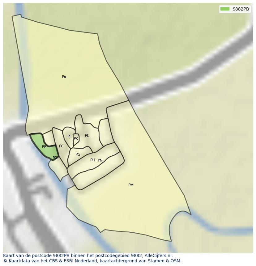 Afbeelding van het postcodegebied 9882 PB op de kaart.