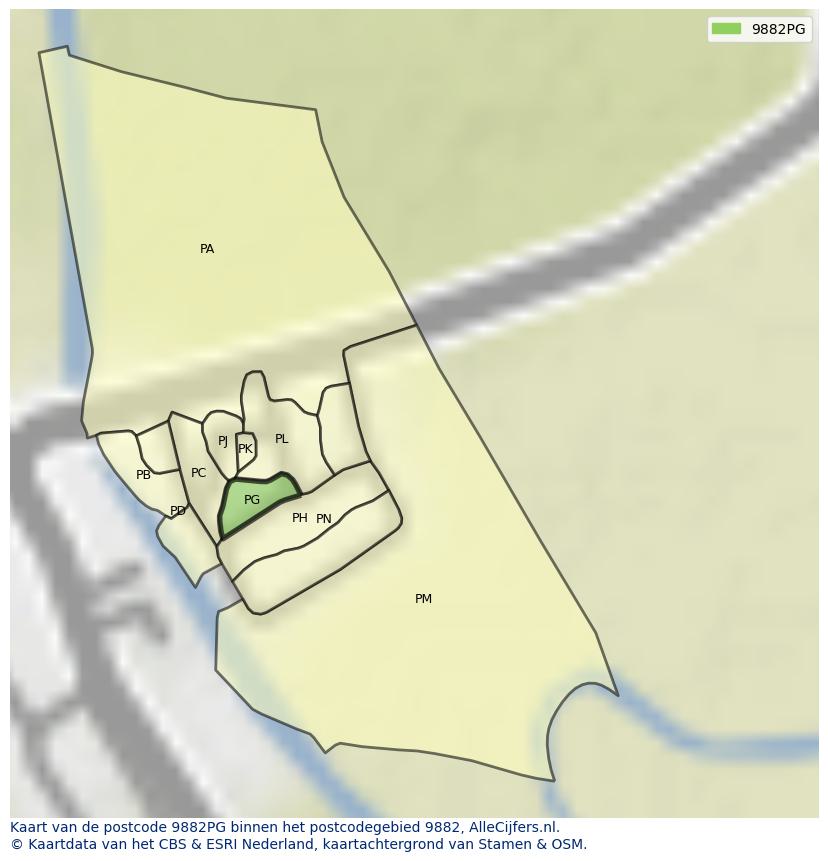 Afbeelding van het postcodegebied 9882 PG op de kaart.
