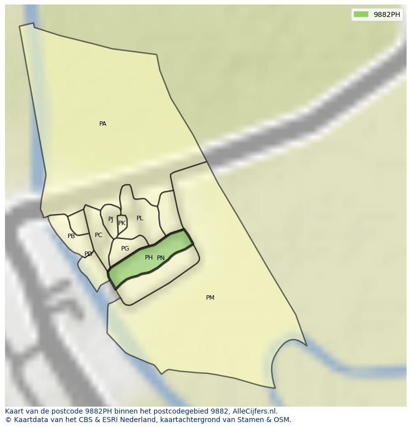 Afbeelding van het postcodegebied 9882 PH op de kaart.