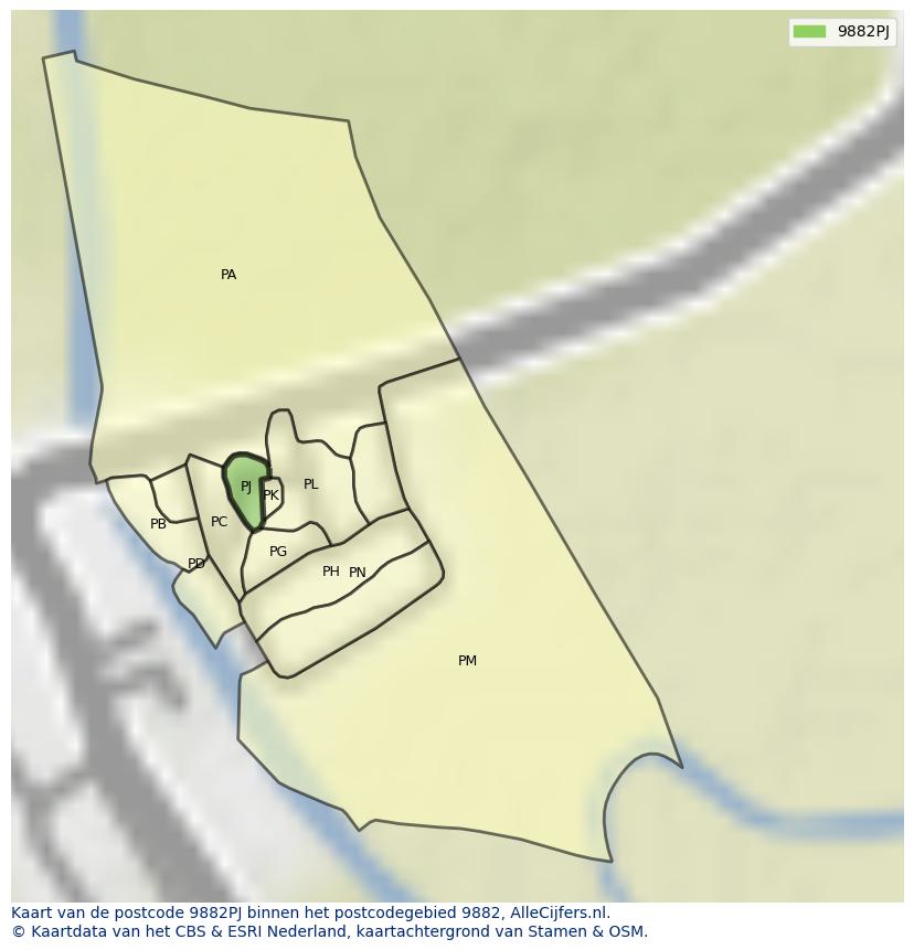 Afbeelding van het postcodegebied 9882 PJ op de kaart.