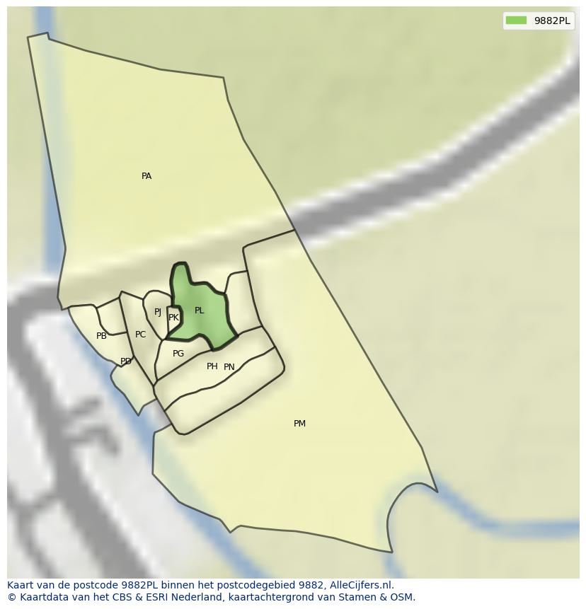 Afbeelding van het postcodegebied 9882 PL op de kaart.