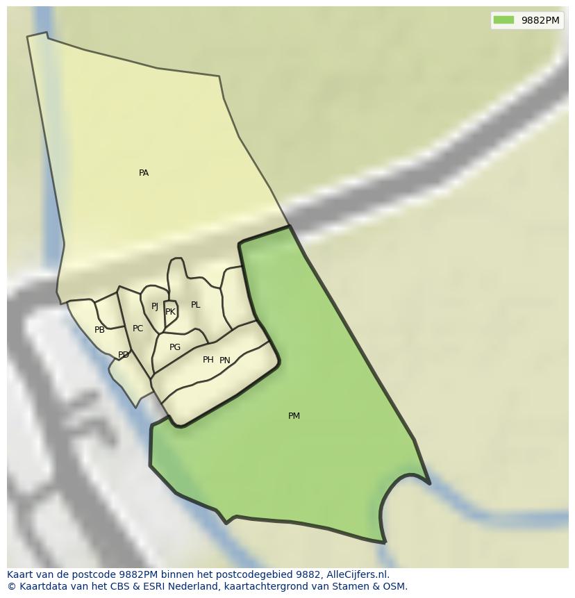 Afbeelding van het postcodegebied 9882 PM op de kaart.