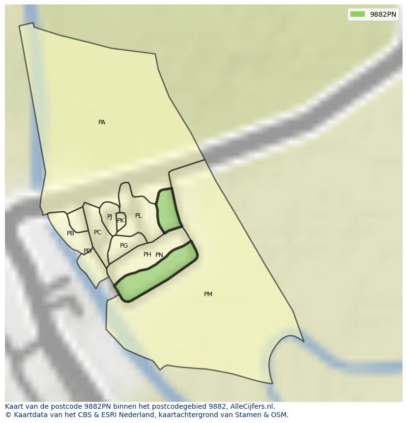 Afbeelding van het postcodegebied 9882 PN op de kaart.