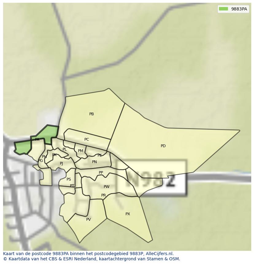 Afbeelding van het postcodegebied 9883 PA op de kaart.