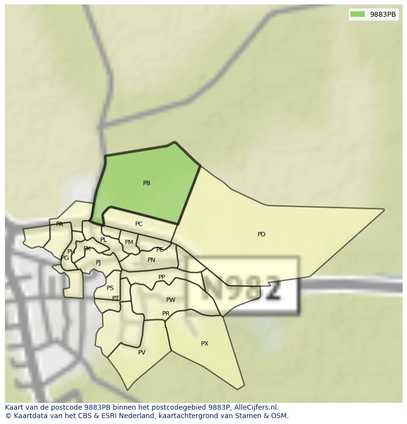 Afbeelding van het postcodegebied 9883 PB op de kaart.