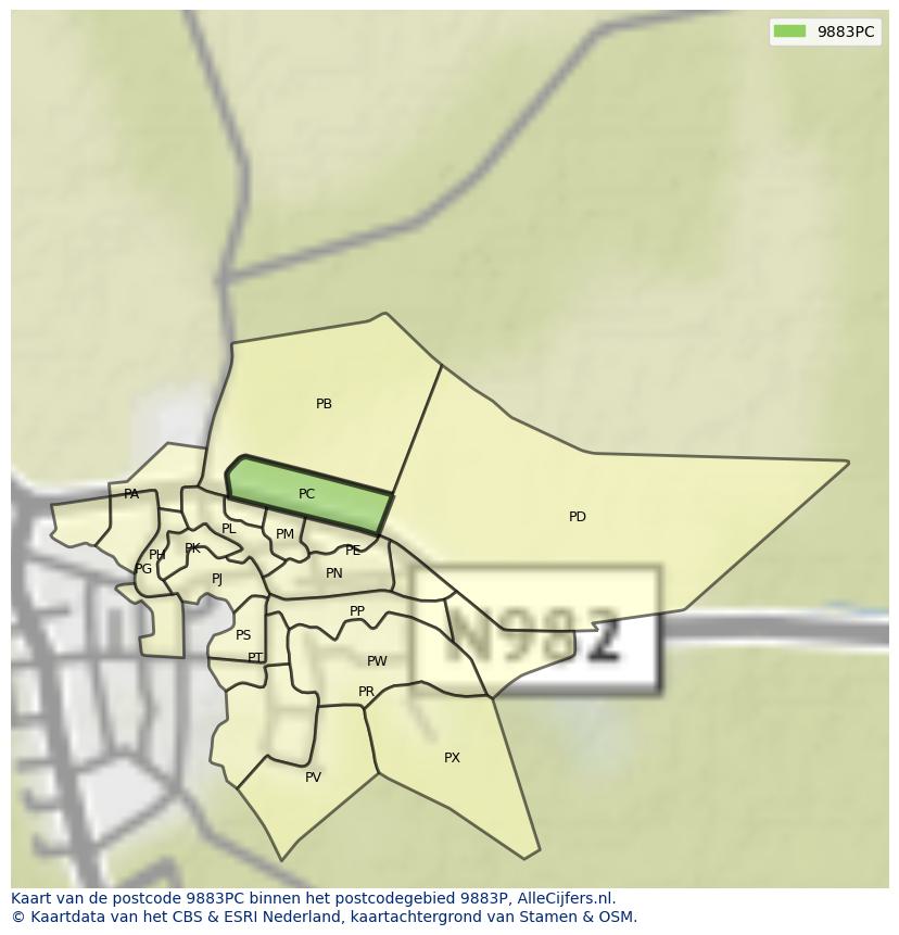 Afbeelding van het postcodegebied 9883 PC op de kaart.
