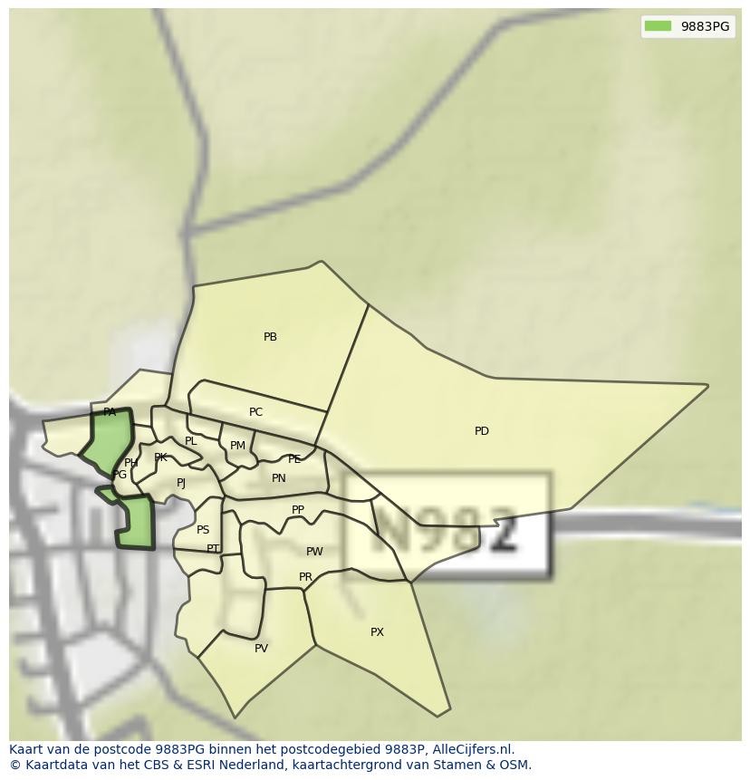 Afbeelding van het postcodegebied 9883 PG op de kaart.