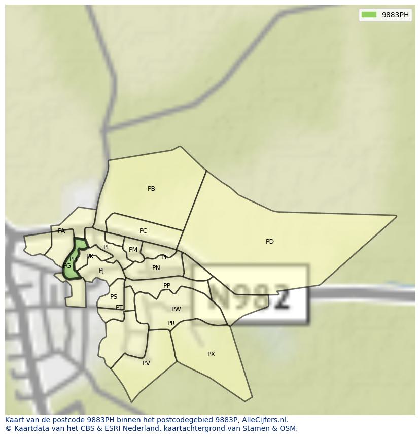 Afbeelding van het postcodegebied 9883 PH op de kaart.