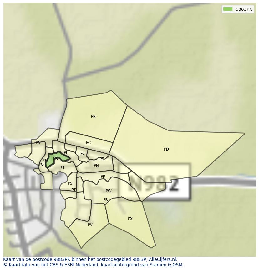 Afbeelding van het postcodegebied 9883 PK op de kaart.