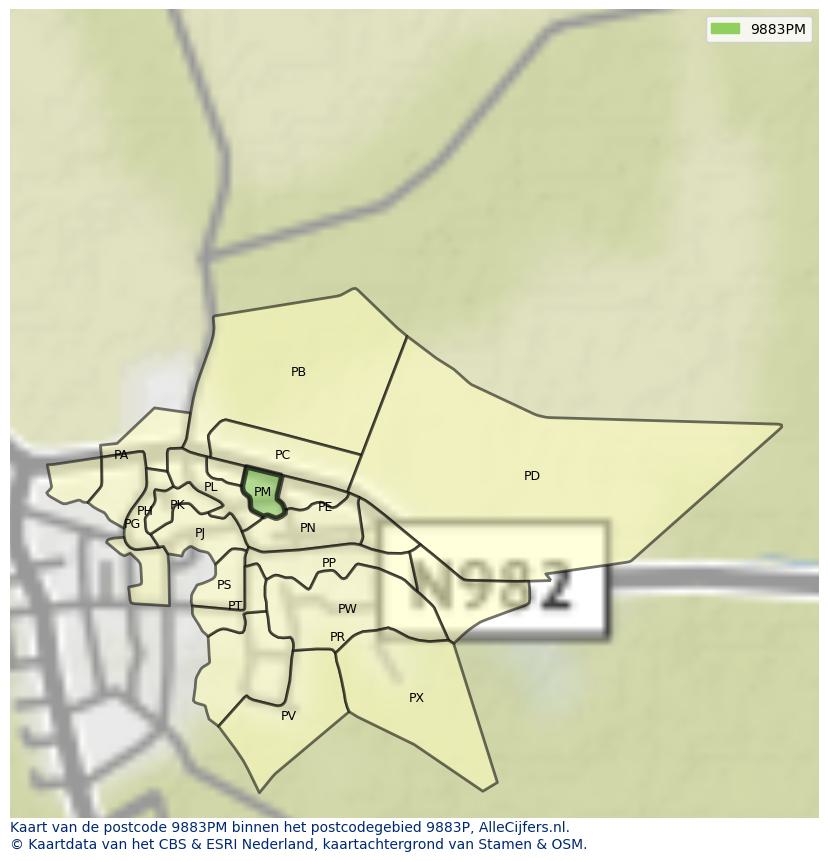 Afbeelding van het postcodegebied 9883 PM op de kaart.
