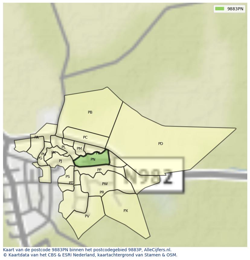 Afbeelding van het postcodegebied 9883 PN op de kaart.