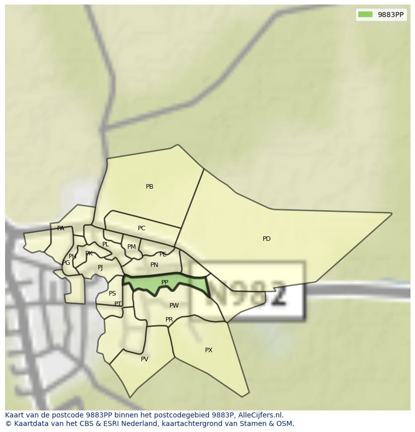 Afbeelding van het postcodegebied 9883 PP op de kaart.