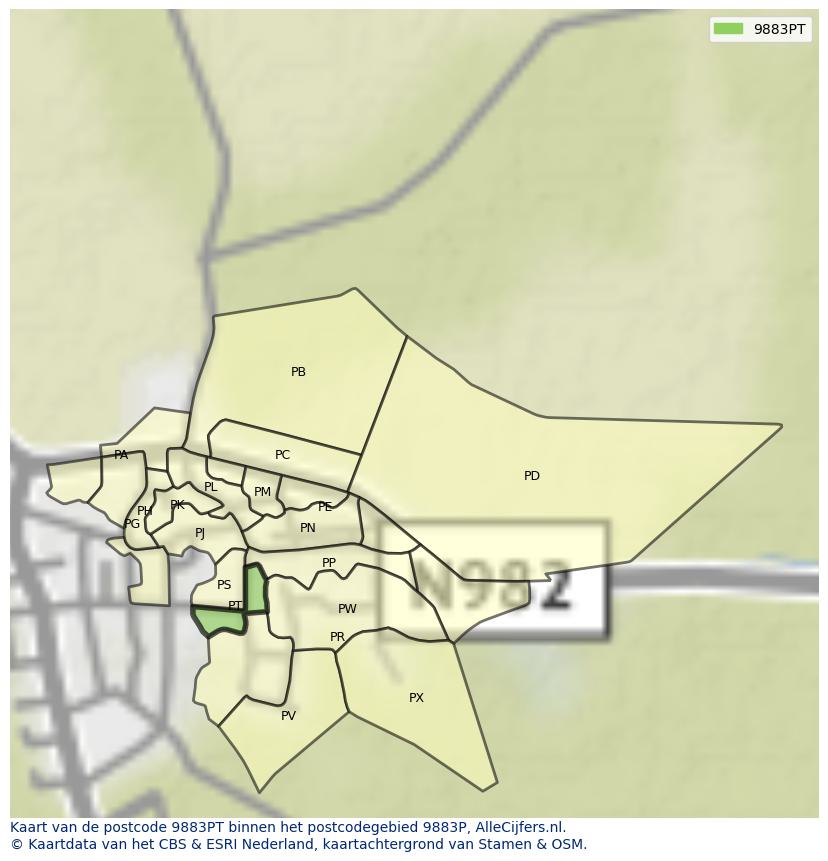 Afbeelding van het postcodegebied 9883 PT op de kaart.