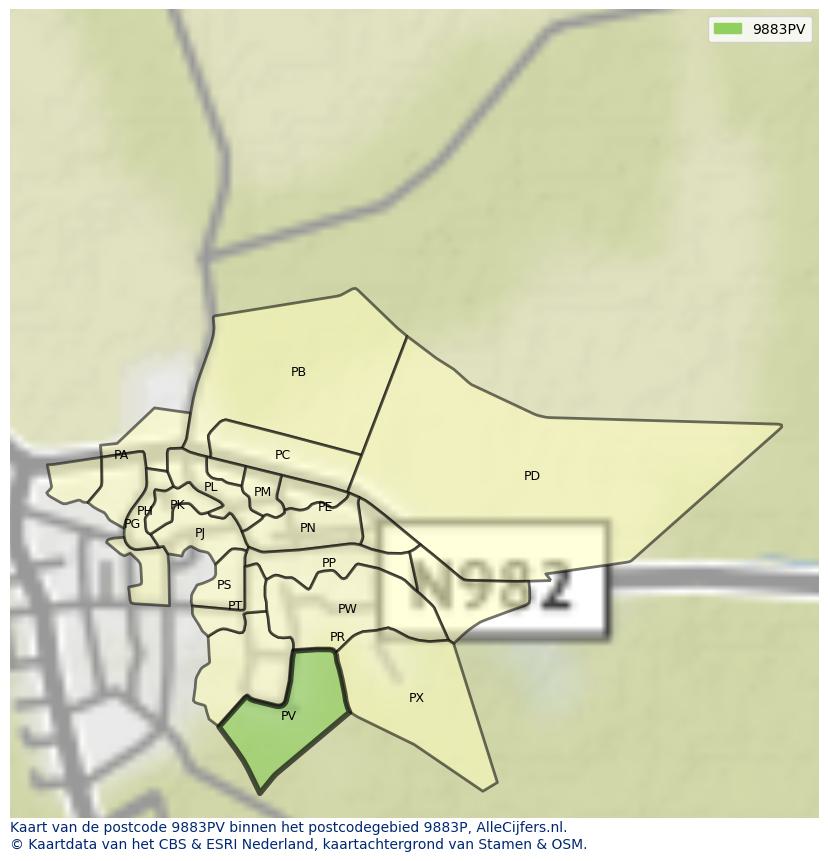 Afbeelding van het postcodegebied 9883 PV op de kaart.