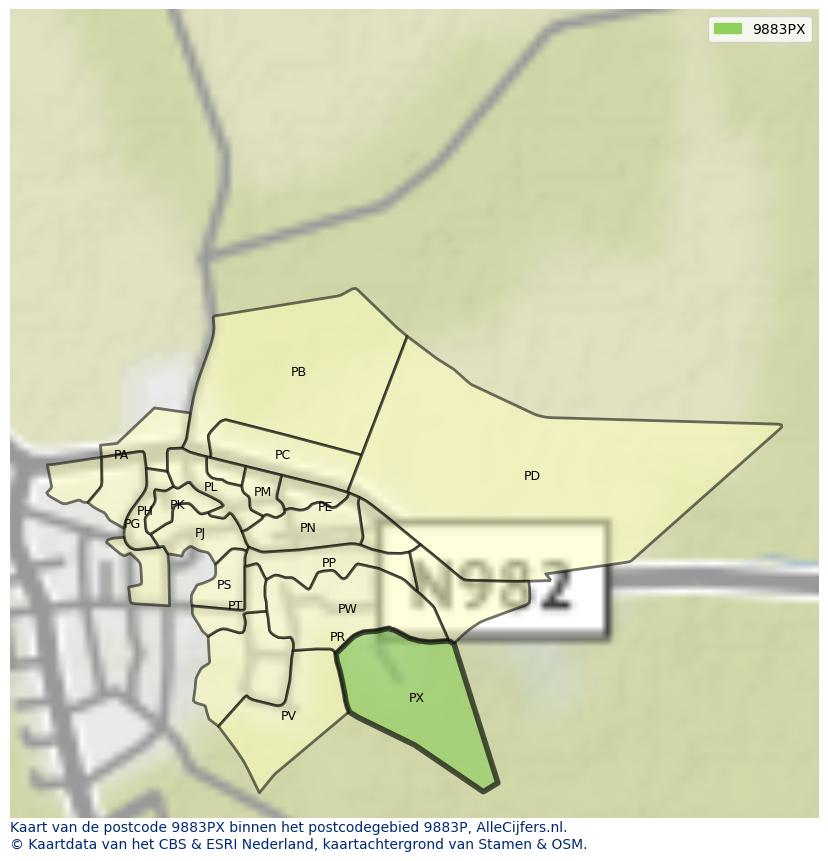 Afbeelding van het postcodegebied 9883 PX op de kaart.