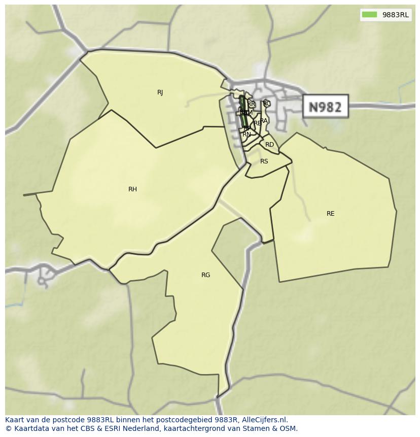 Afbeelding van het postcodegebied 9883 RL op de kaart.