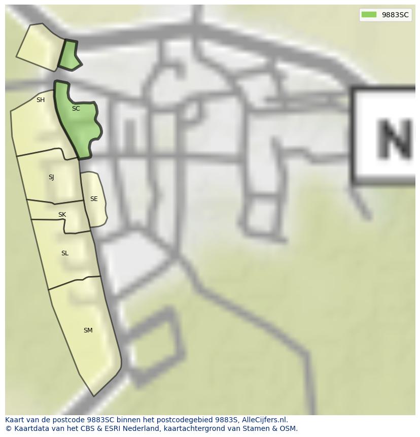 Afbeelding van het postcodegebied 9883 SC op de kaart.