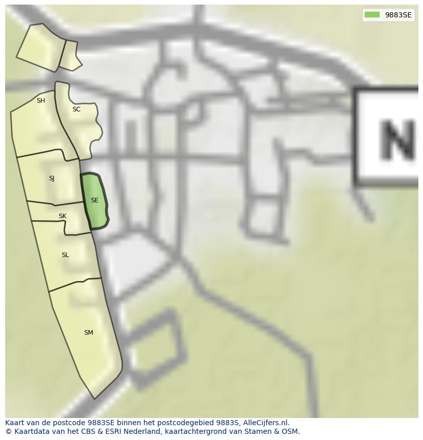 Afbeelding van het postcodegebied 9883 SE op de kaart.