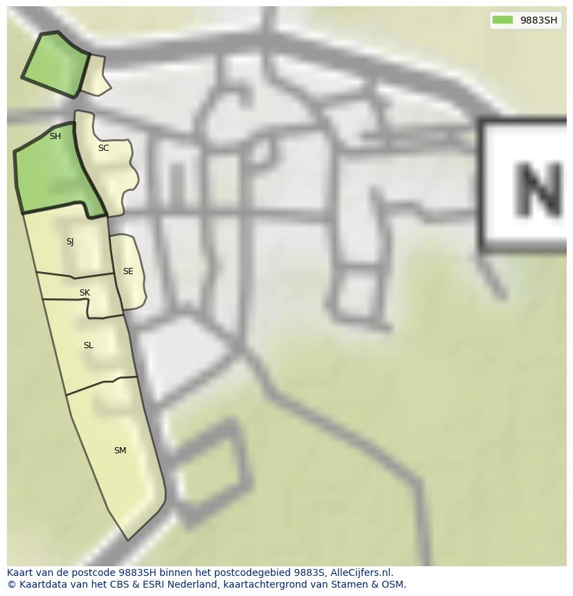 Afbeelding van het postcodegebied 9883 SH op de kaart.