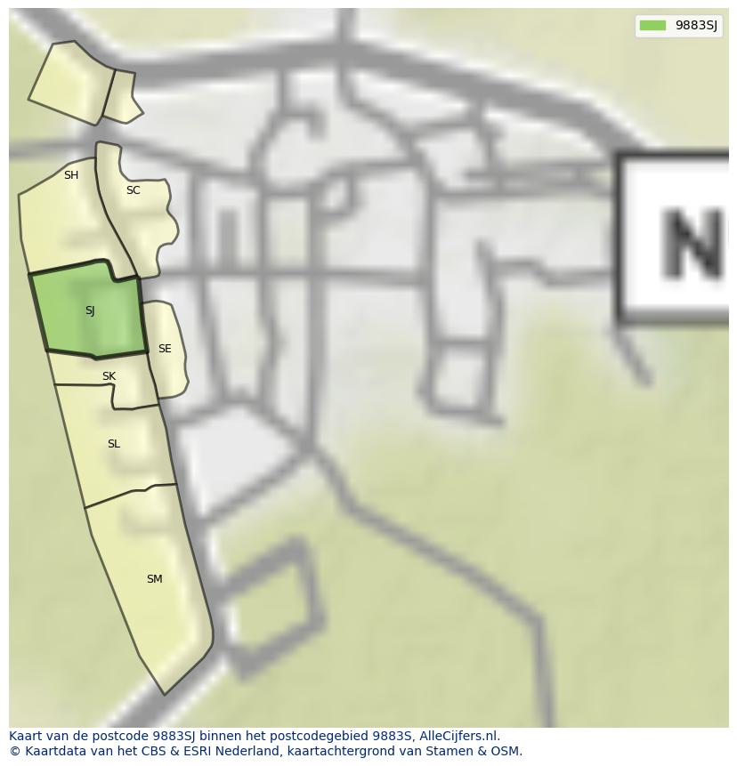 Afbeelding van het postcodegebied 9883 SJ op de kaart.