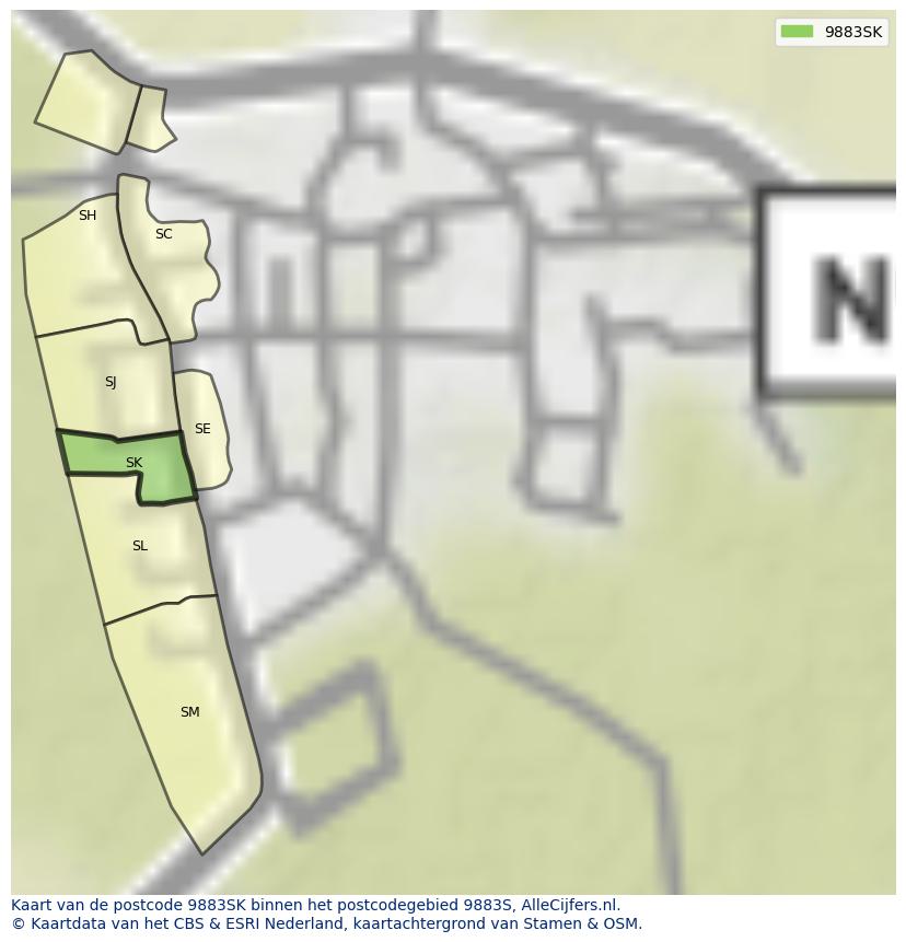 Afbeelding van het postcodegebied 9883 SK op de kaart.
