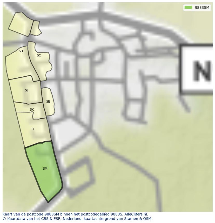 Afbeelding van het postcodegebied 9883 SM op de kaart.