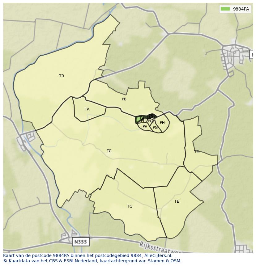 Afbeelding van het postcodegebied 9884 PA op de kaart.