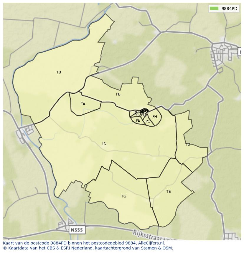 Afbeelding van het postcodegebied 9884 PD op de kaart.