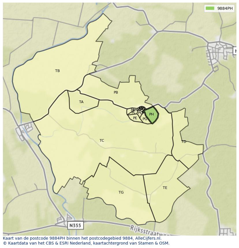 Afbeelding van het postcodegebied 9884 PH op de kaart.