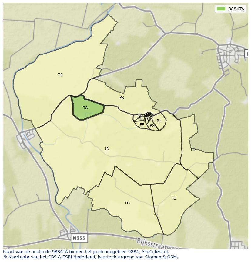 Afbeelding van het postcodegebied 9884 TA op de kaart.