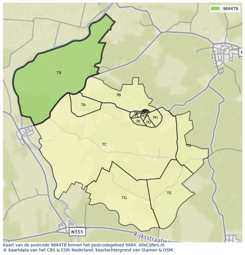 Afbeelding van het postcodegebied 9884 TB op de kaart.